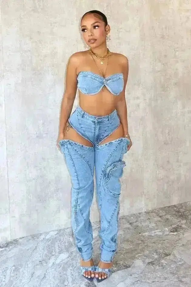 Boss Babe Denim Tube Top & Cut Out Pants SET - Baddies Shop NSJ