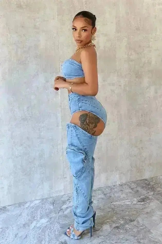 Boss Babe Denim Tube Top & Cut Out Pants SET - Baddies Shop NSJ