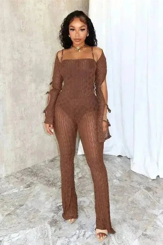 Zoom Alexi Mesh Textured Jumpsuit With Shrug - Baddies Shop NSJ